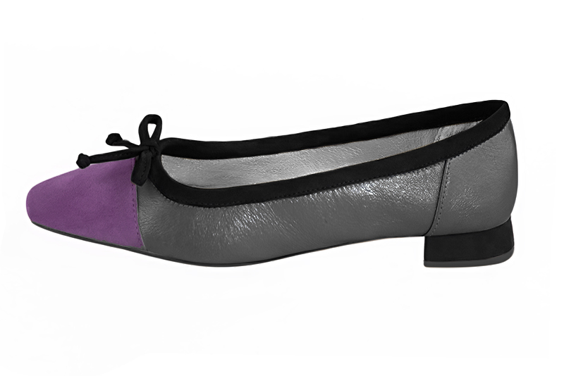 Amethyst purple, dark silver and matt black women's ballet pumps, with low heels. Square toe. Flat flare heels. Profile view - Florence KOOIJMAN